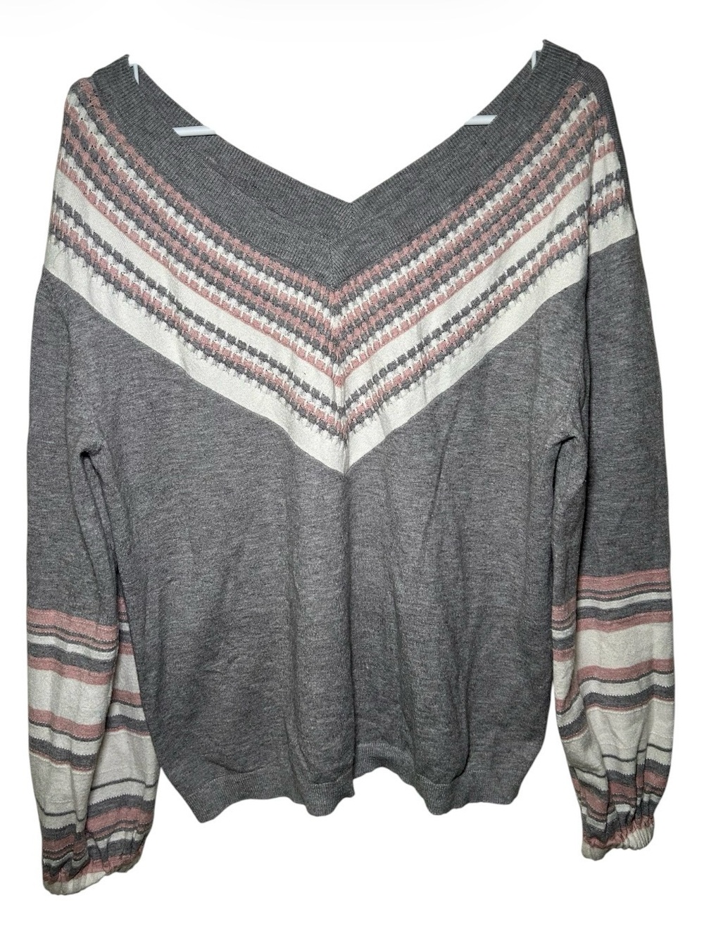 Promesa Cozy Grey V-Neck Striped Pullover Sweater Pink Cream Accents Small Casua